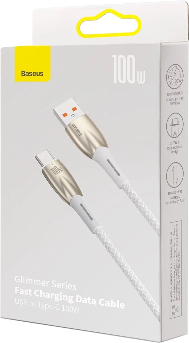 Kabllo karikimi dhe të dhënash Baseus Glimmer Series, USB-A në USB-C, 1m, 100W, Bardhë