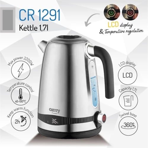 Çajnik elektrik, Camry, CR1291, 1.7L, ekran LCD dhe rregullim temperature 40-100°C, funksion Keep Warm 2h, 1850-2200W, inox