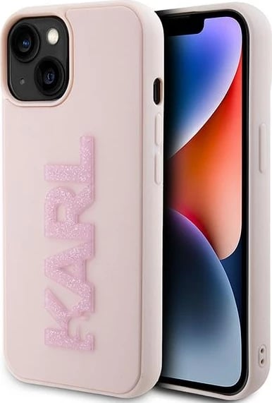 Mbështjellës Karl Lagerfeld 3D Rubber Glitter Logo për iPhone 15, Rozë