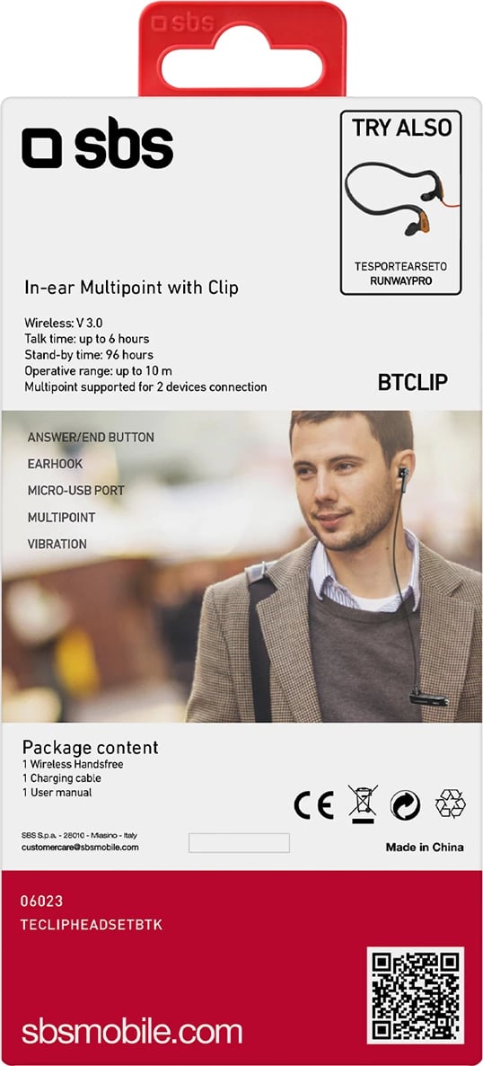 Kufje wireless SBS TECLIPHEADSETBTK me klip, Bluetooth 3.0, E zezë