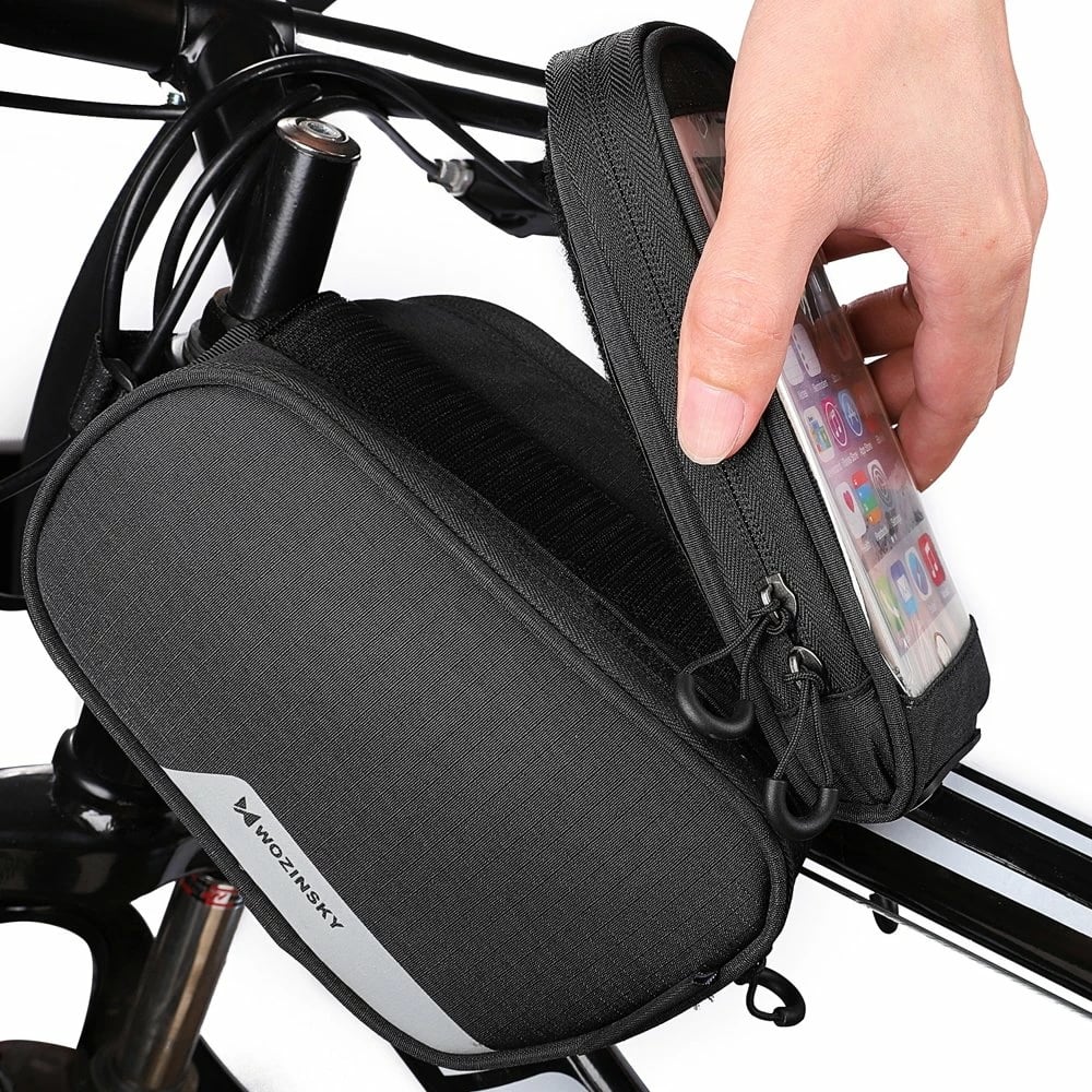 Çantë biçiklete Wozinsky WBB7BK për kornizë, me mbështjellës telefoni deri 6.5", 1.5L, e zezë