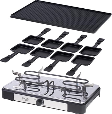 Grill elektrik raclette, Adler AD 6616, 1400W, pjatë 42x23cm, dyanshe jo-ngjitëse, 8 tiganë + 8 shpatulla druri, e zezë