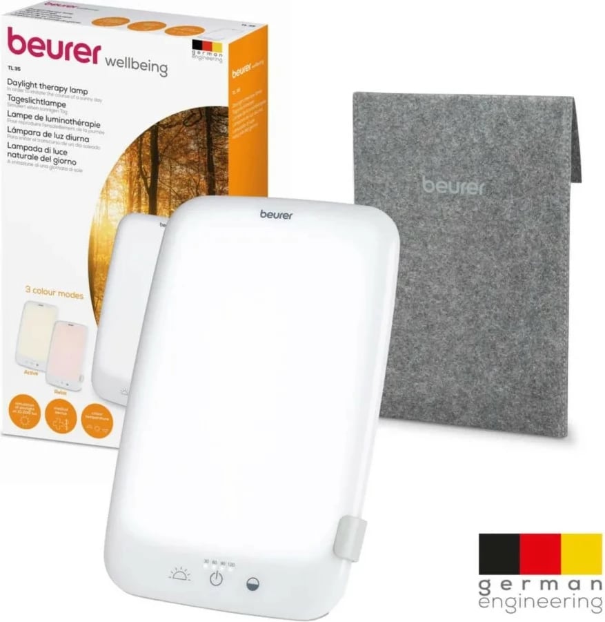 Lampë dite/terapie me dritë, Beurer TL35, 10 000 lx, sipërfaqe 14×20 cm, 3 temperatura ngjyre, dimmer 4 nivele, timer 30–120 min, e bardhë