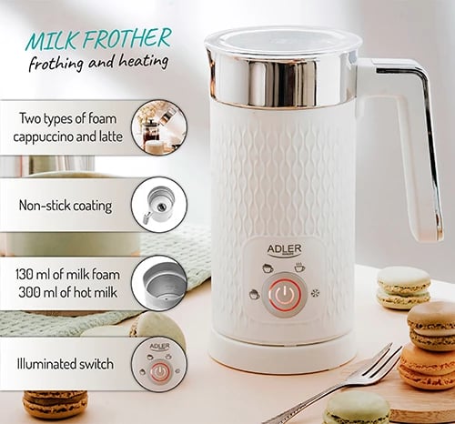 Shkumues qumështi Adler AD 4494 500W 300 ml 4 funksione ngrohje dhe shkumëzim, i bardhë