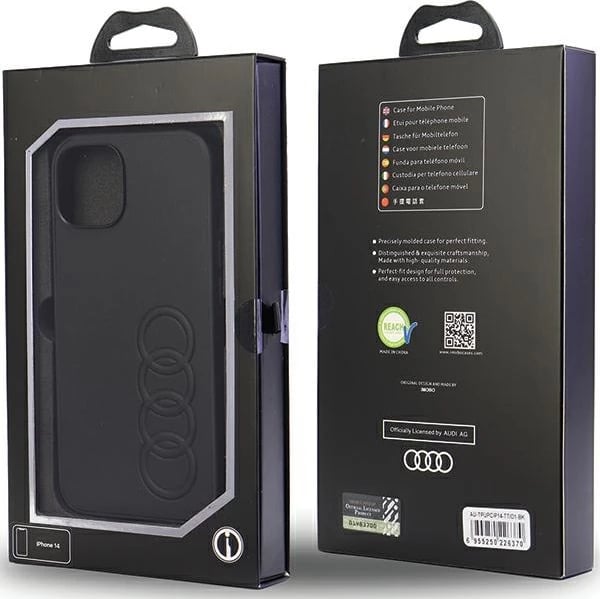 Mbështjellës Audi për iPhone 14, 6.1", lëkurë sintetike, i zi