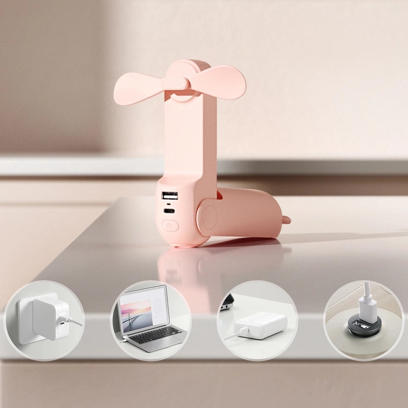 Ventilator dore Jisulife Life8 Plus, 4500 mAh, USB-C, me power bank dhe dritë LED, Rozë