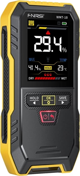Matës lagështie pa-invaziv FNIRSI WMT-10, 0–75%, ekran 2.4" TFT, 4 moda, memorie 30 matje, bateri 1000 mAh USB‑C, zezë-verdhë