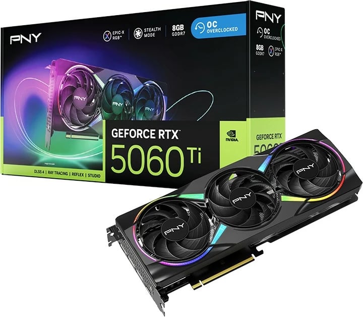 Kartë grafike PNY GeForce RTX 5060 Ti, 8GB DDR7, ARGB, OC, PCI-E 5.0, e zezë