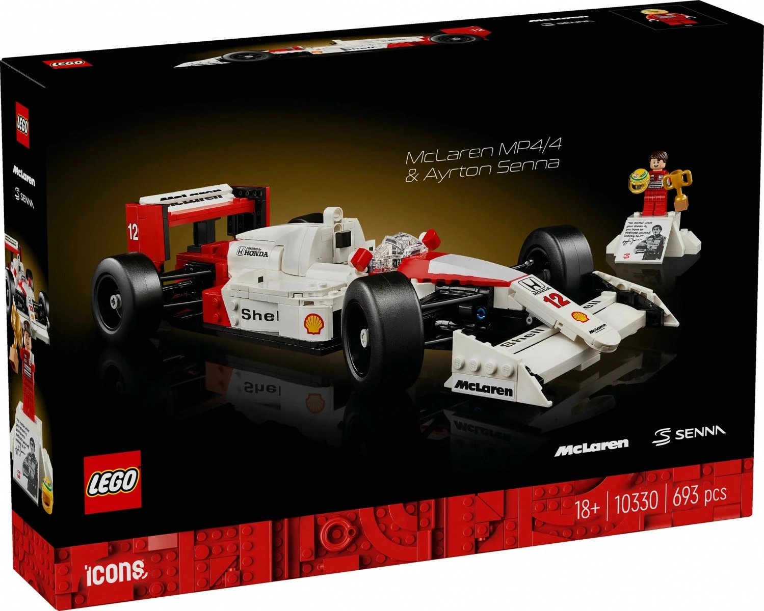 Set ndërtimi LEGO Icons McLaren MP4/4 dhe Ayrton Senna, 693 pjesë, për të rritur, bardhë/kuqe