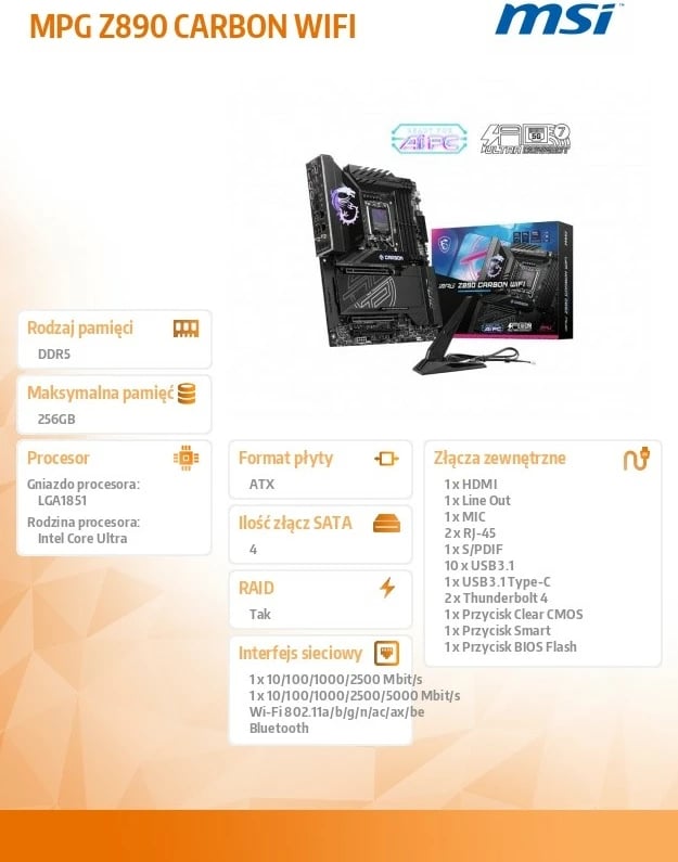 Pllakë amë MSI MPG Z890 CARBON WIFI LGA1851 Intel Z890 DDR5 4 slote Wi‑Fi 7 Thunderbolt 4 PCIe 5.0 ATX e zezë