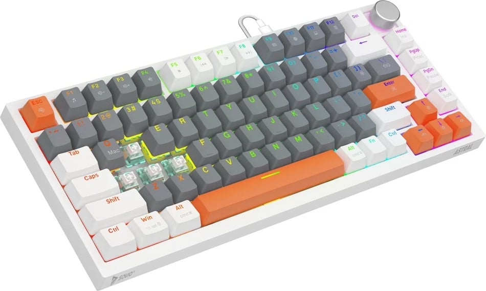 Tastierë magnetike Savio ASTRAL White 82-taste US QWERTY Outemu White Jade Hall RGB USB-C knob multimedia PBT keycaps, e bardhë, set 3 ngjyra kapakësh