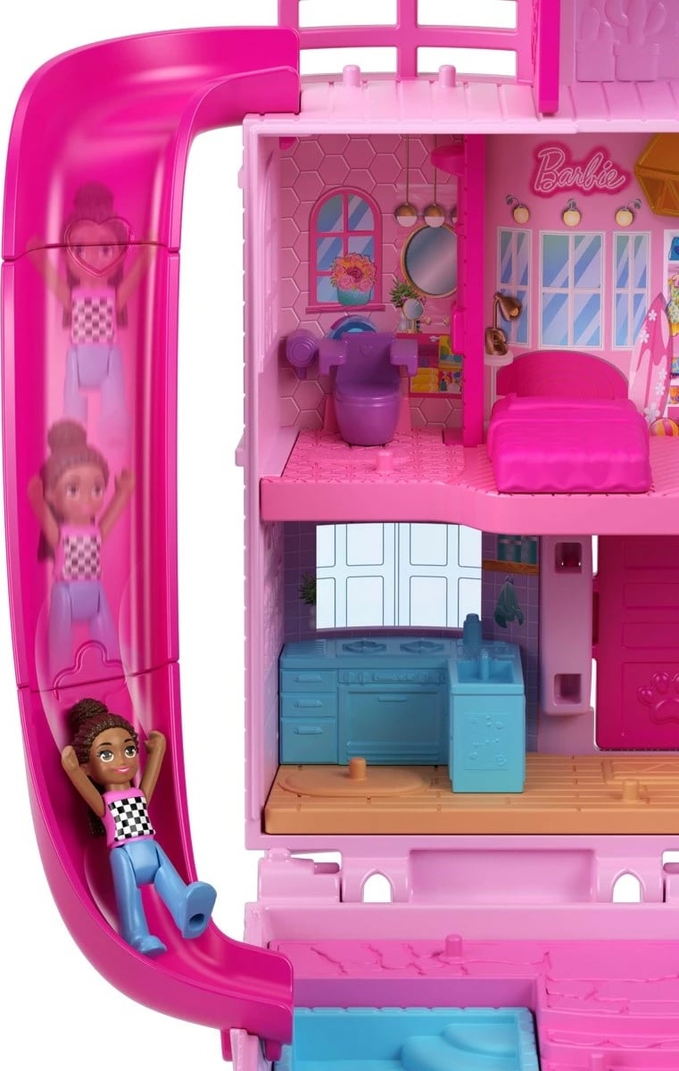 Set lodrash Polly Pocket Barbie Dreamhouse Mattel HWP11 me 3 mikrolodra dhe 11 aksesorë, rozë