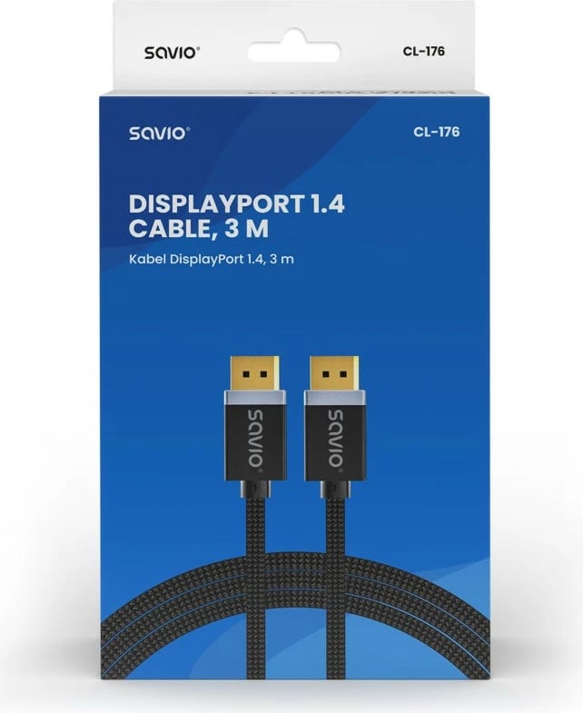 Kabllo DisplayPort Savio CL-176, 1.4, 3 m, E zezë