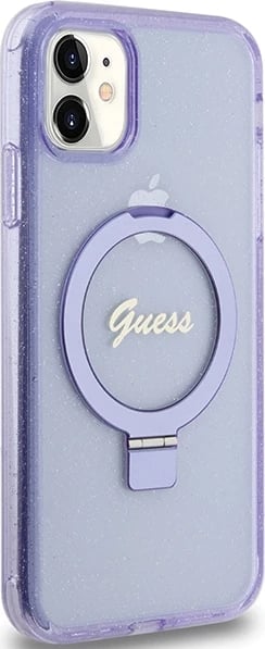 Mbështjellës Guess Ring Stand Script Glitter MagSafe për iPhone 11/XR, vjollcë