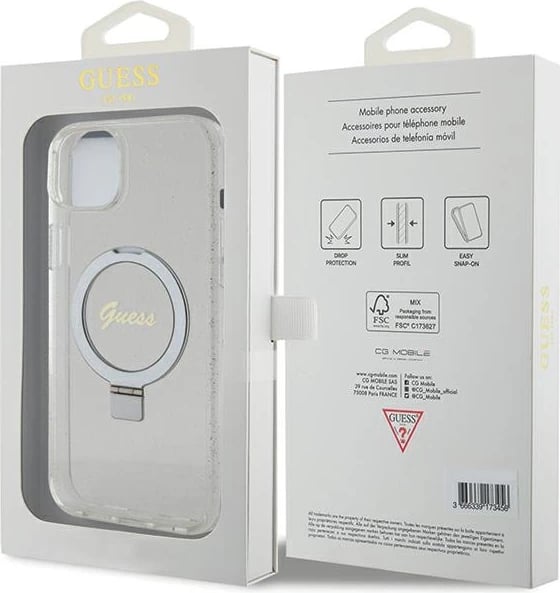 Mbështjellës Guess GUHMP15MHRSGSD për iPhone 15 Plus / 14 Plus 6.7", transparent, me unazë dhe MagSafe