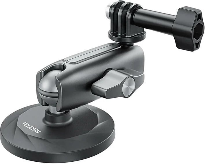 Mbajtëse magnetike për kamera sportive, Telesin CMM-001, magnete neodymium 3600GS, kokë dyfishe me top 1/4" dhe GoPro, aliazh alumini, e palosshme