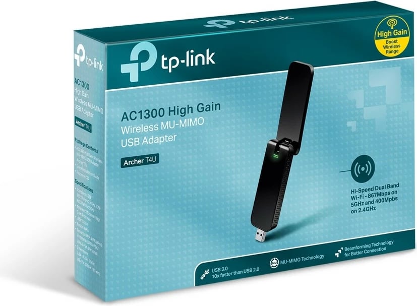 Kartelë rrjeti WiFi USB TP-LINK Archer T4U AC1300, e zezë