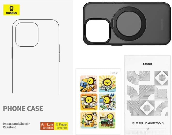 Mbështjellës Baseus SkyRing Magnetic për iPhone 14 Pro Max, me mbajtëse, xham të temperuar dhe set pastrimi, zi