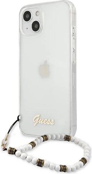 Mbështjellës Guess GUHCP13MKPSWH për iPhone 13 6.1", transparent, me varëse perlë
