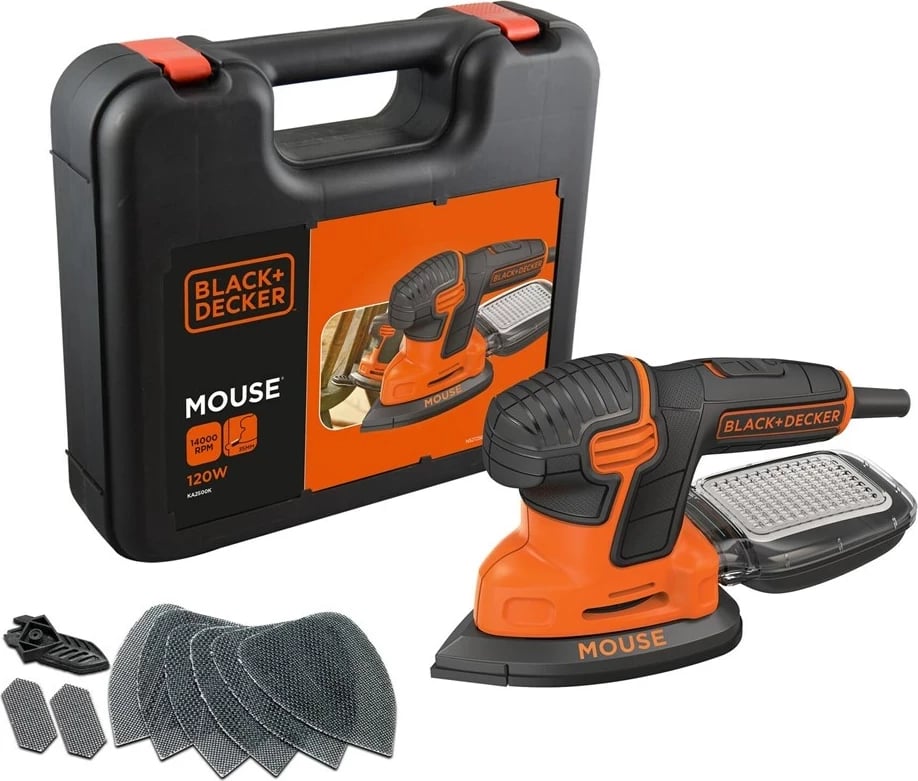 Lëmues elektrik BLACK+DECKER KA2500K-QS Mouse, 120W, portokalli/zi, me valixhe