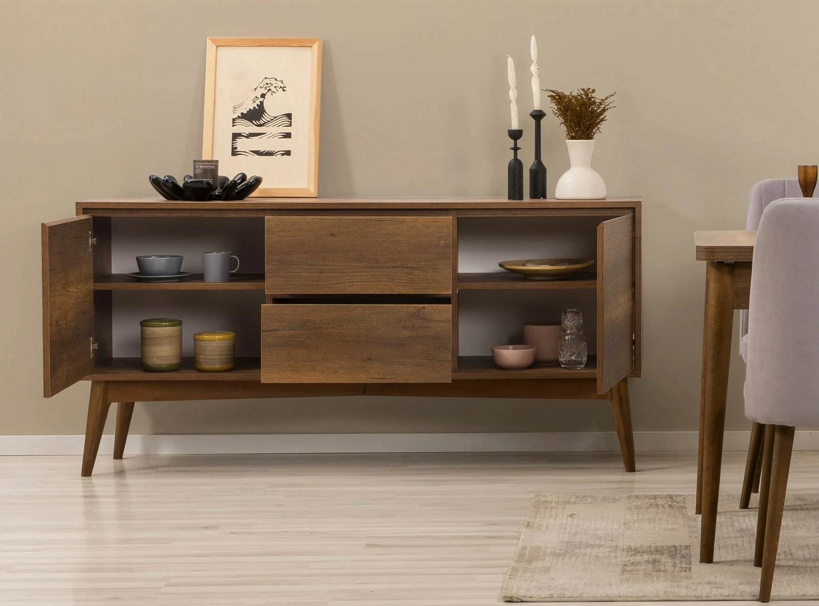 Set tavoline ngrënie me karrige dhe konsol (6 copë), Skye Decor, Vina 01 0701, ngjyrë arre, gri