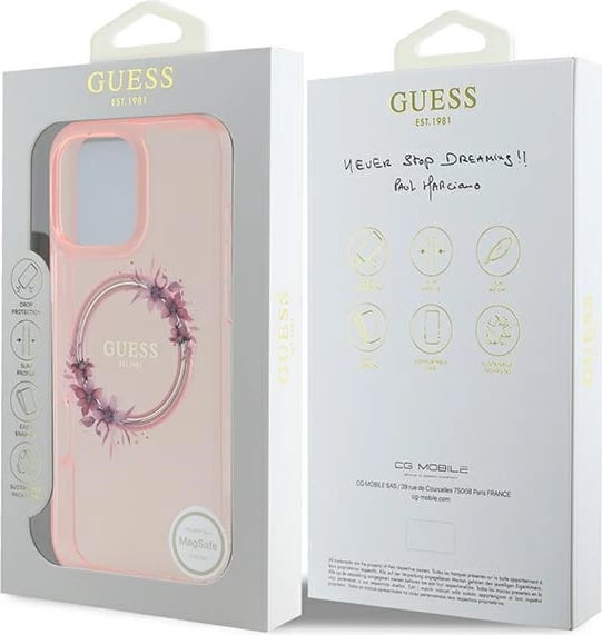 Mbështjellës Guess IML Flowers Wreath MagSafe për iPhone 16 Pro Max, Rozë Mbështjellës Guess IML Flowers Wreath MagSafe për iPhone 16 Pro Max, Rozë