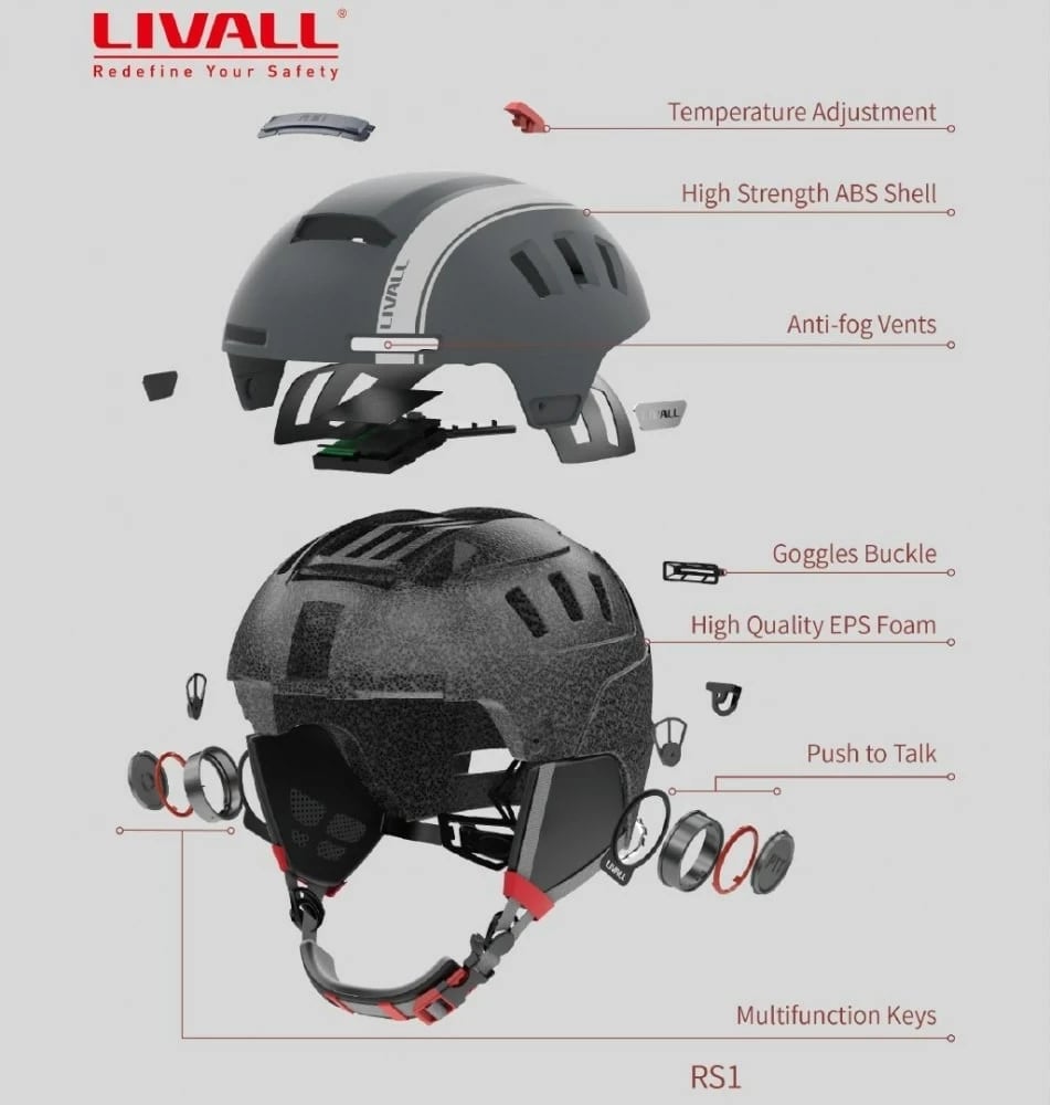 Helmetë ski Livall RS1 Bluetooth PTT Alert SOS, e bardhë, M