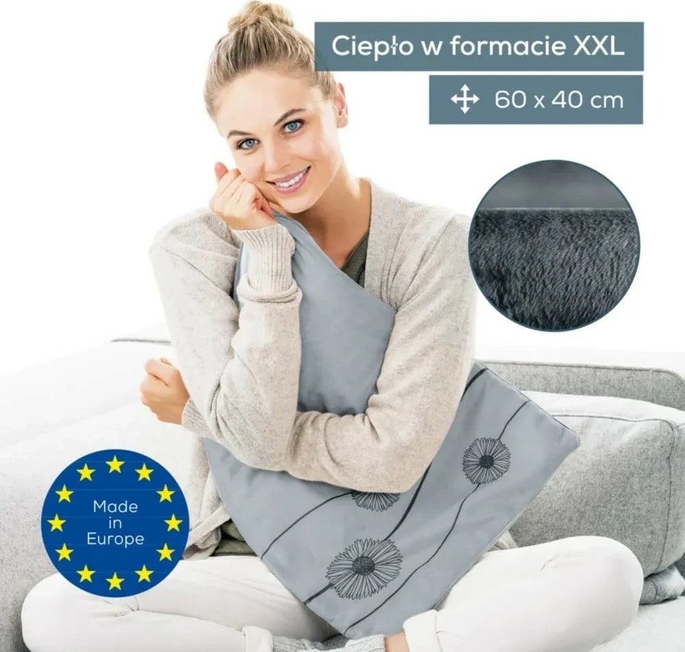 Jastëk elektrik Beurer HK125 XXL Cosy, 60x40 cm, 6 nivele, ndezje e shpejtë, timer 90 min, kabllo 2.3 m, mbrojtje nga mbinxehja, i larëshëm, gri