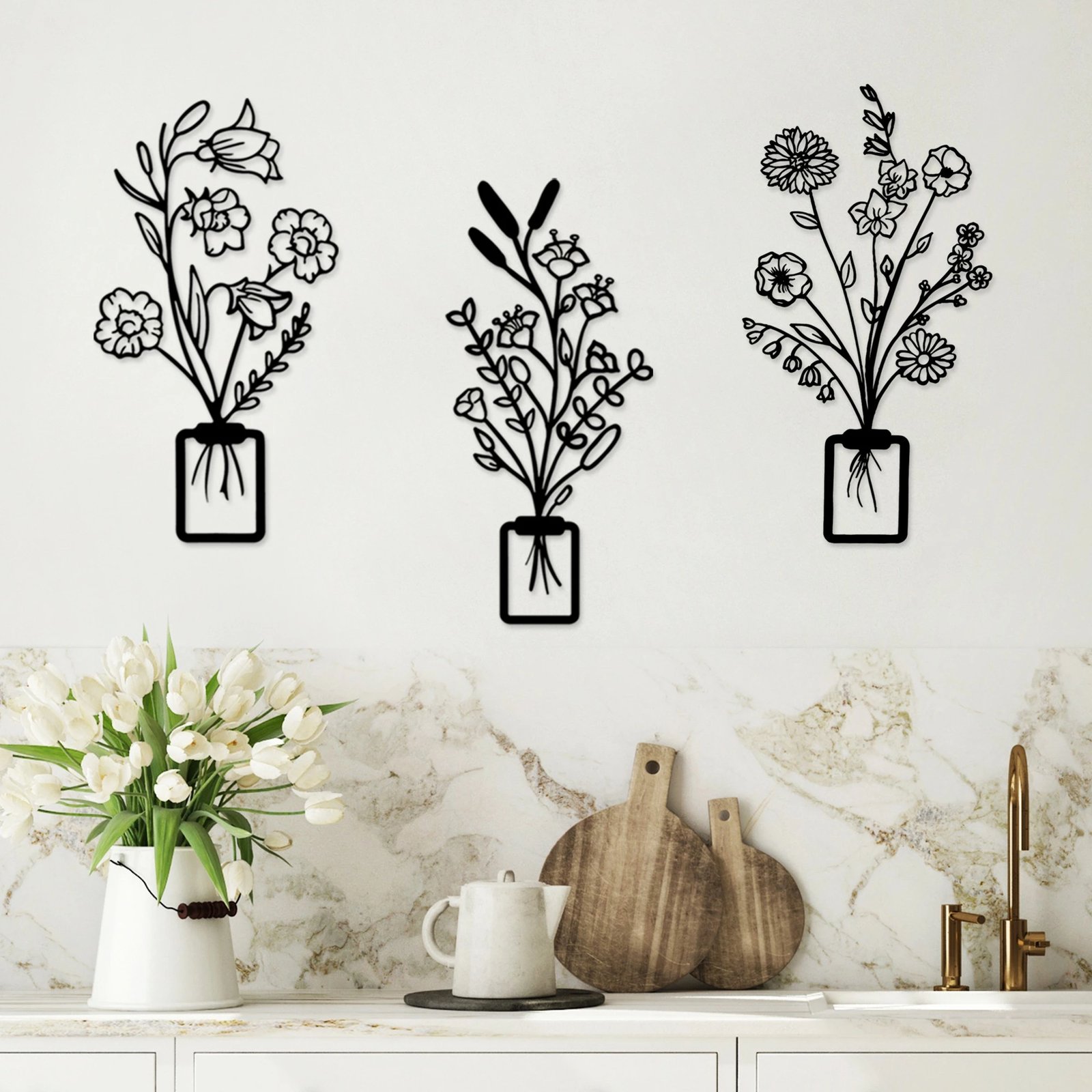 Aksesor metalik dekorativ për mur, Wallity Erba-1, set prej 3 copash, ngjyrë e zezë