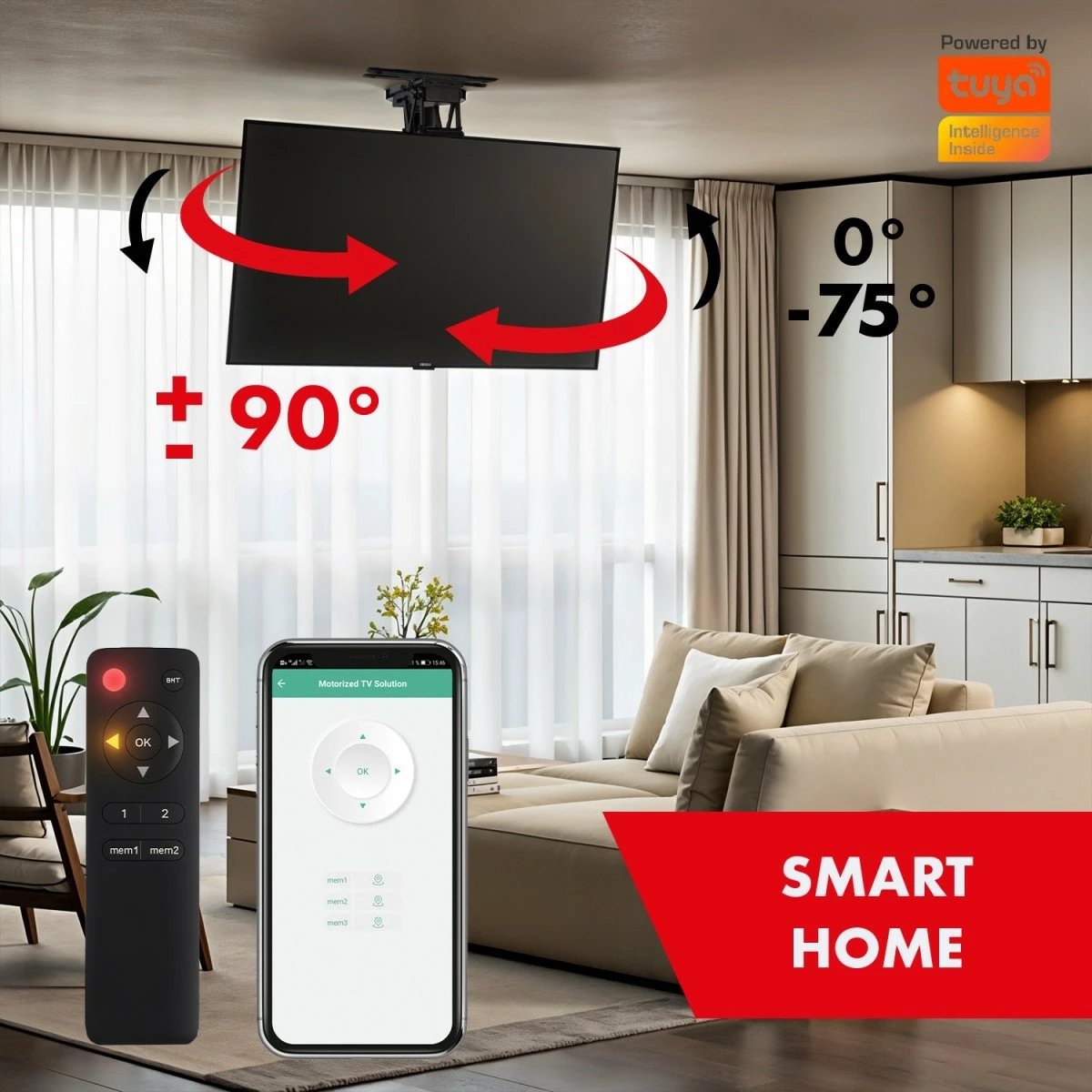 Mbajtëse tavani elektrike për TV Maclean MC-491, 23-65 inç, 30kg, VESA 600x400, 90° rrotullim, e zezë