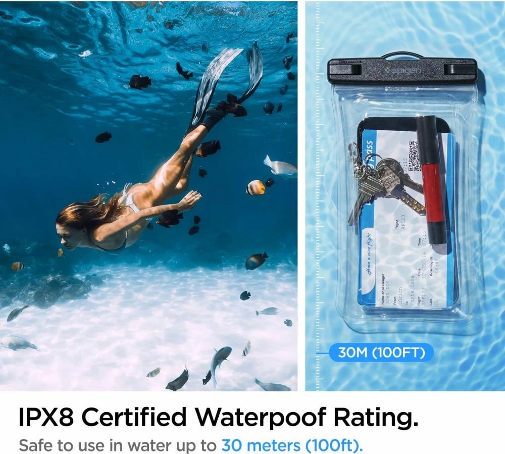 Mbështjellës Spigen Aqua Shield A610 për celular, IPX8, transparent, me rrip