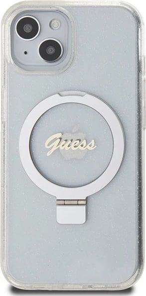 Mbështjellës Guess Ring Stand Script Glitter MagSafe për iPhone 15/14/13, transparent
