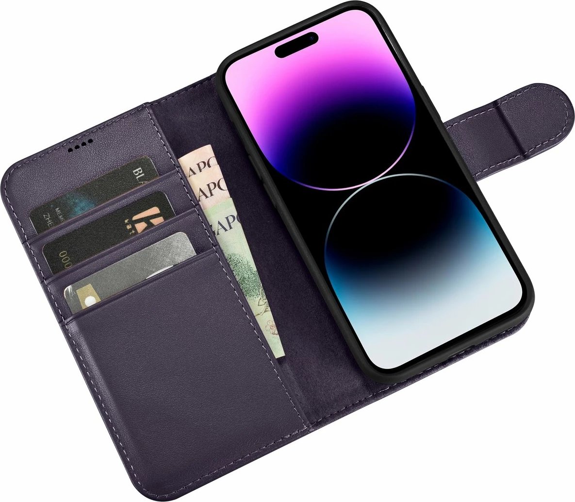 Mbështjellës iCarer Wallet Case 2in1 për iPhone 14 Pro, lëkurë natyrale, Anti-RFID, Vjollcë e errët