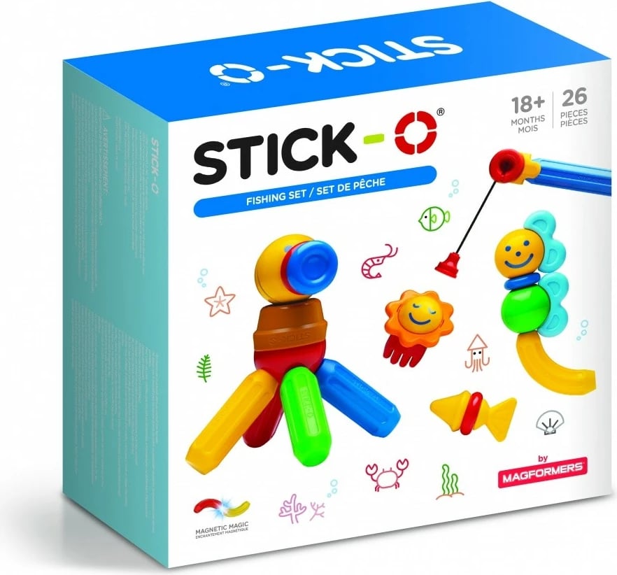 Set lodrash magnetike Magformers Stick-O Fishing Set, 26 pjesë, shumëngjyrëshe