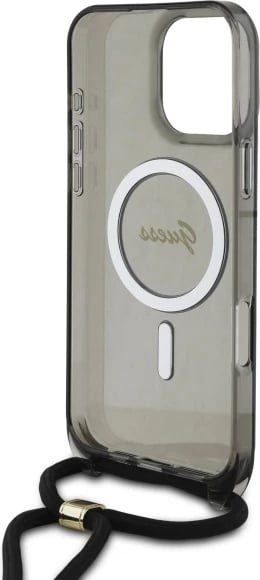 Mbështjellës Guess Crossbody Cord Script MagSafe për iPhone 16 Pro, i zi