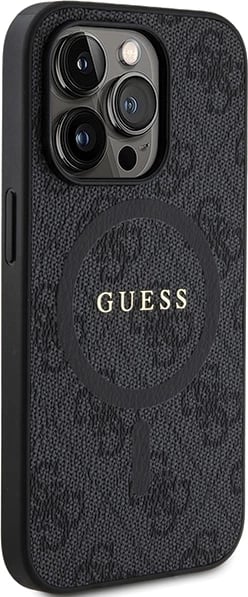Mbështjellës Guess 4G Collection Leather Metal Logo MagSafe për iPhone 14 Pro, e zezë