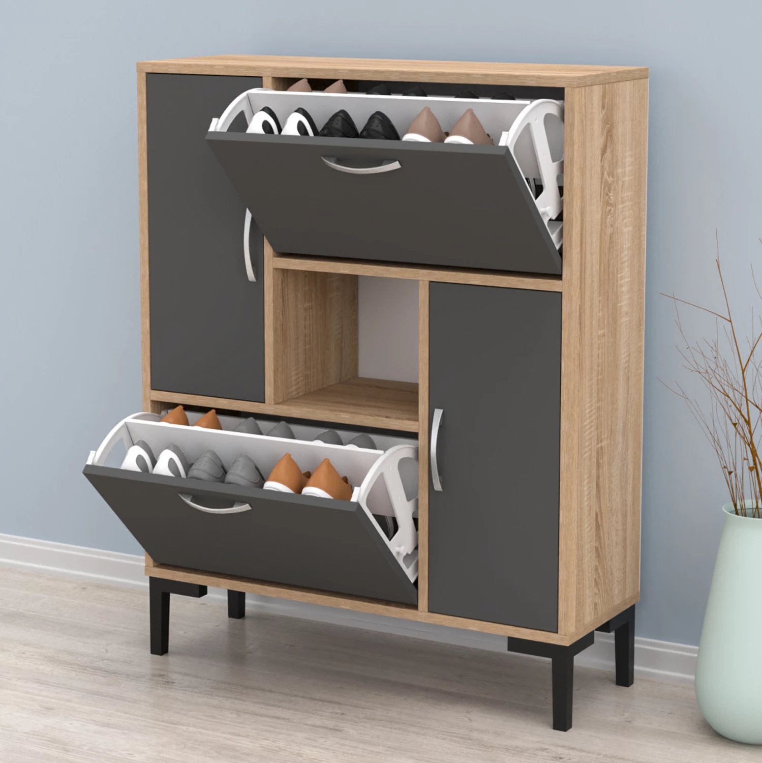 Dollap këpucësh MEDY FH18187.01 melaminë ngjyrë antracit & sonama-këmbë të zeza 86,5x30x109H cm