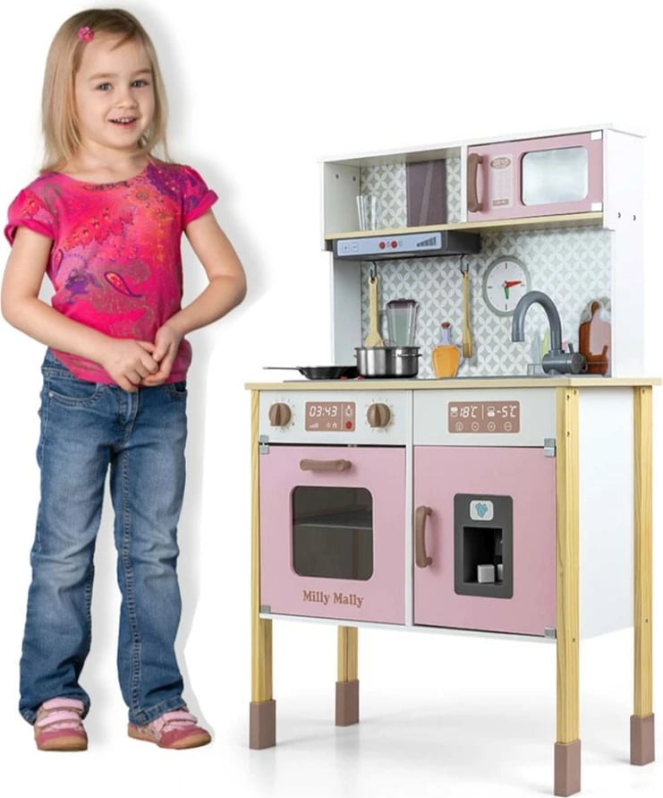 Kuzhinë loje prej druri, Milly Mally, Bjorn, me drita e tinguj, e rregullueshme në lartësi, me aksesorë, rozë