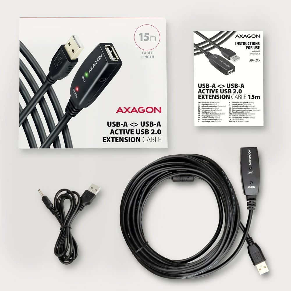 Kabllo zgjatues aktiv USB 2.0 AXAGON ADR-215, 15m, e zezë