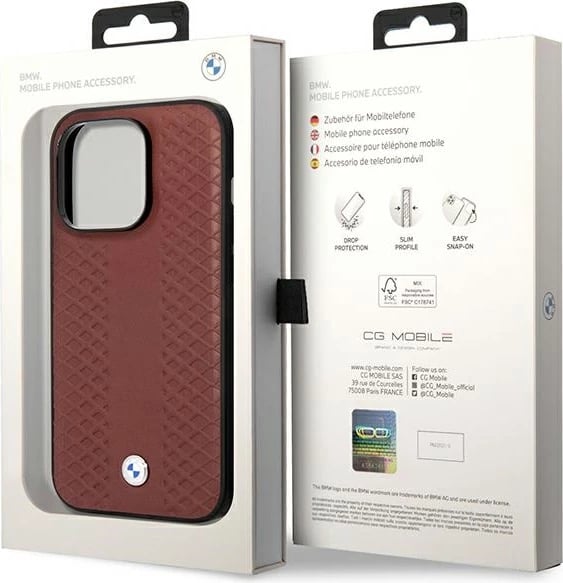 Mbështjellës BMW BMHCP14X22RFGR për iPhone 14 Pro Max 6.7", lëkurë, Diamond Pattern, Burgundy