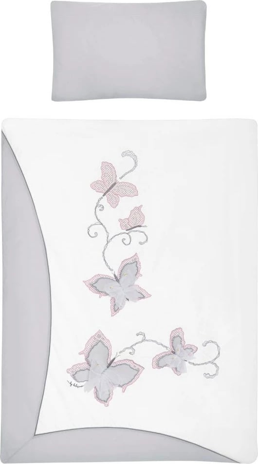 Set shtrojash krevat bebe, Belisima, Butterfly, 5 copë, jorgan 90x120 cm, këllëf jastëku 40x60 cm, mbrojtës 180 cm, gri