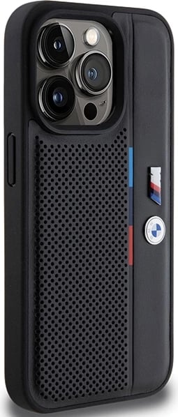 Mbështjellës BMW Perforated Tricolor Line për iPhone 15 Pro, i zi