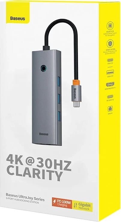 Hub USB-C 6-në-1 Baseus UltraJoy B00052802811-00 HDMI 4K@30Hz 3x USB 3.0 PD 100W RJ45 gri