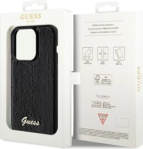 Mbështjellës Guess Sequin Script Metal për iPhone 14 Pro Max, i zi