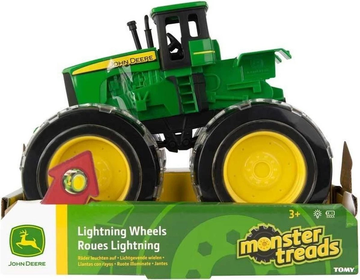 Traktor lodër TOMY John Deere Monster Lightning Wheels, me rrota ndriçuese, Jeshile