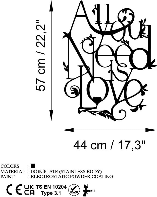 Aksesor dekorativ metalik për mur, All You Need is Love, ngjyrë e zezë, 44x57cm