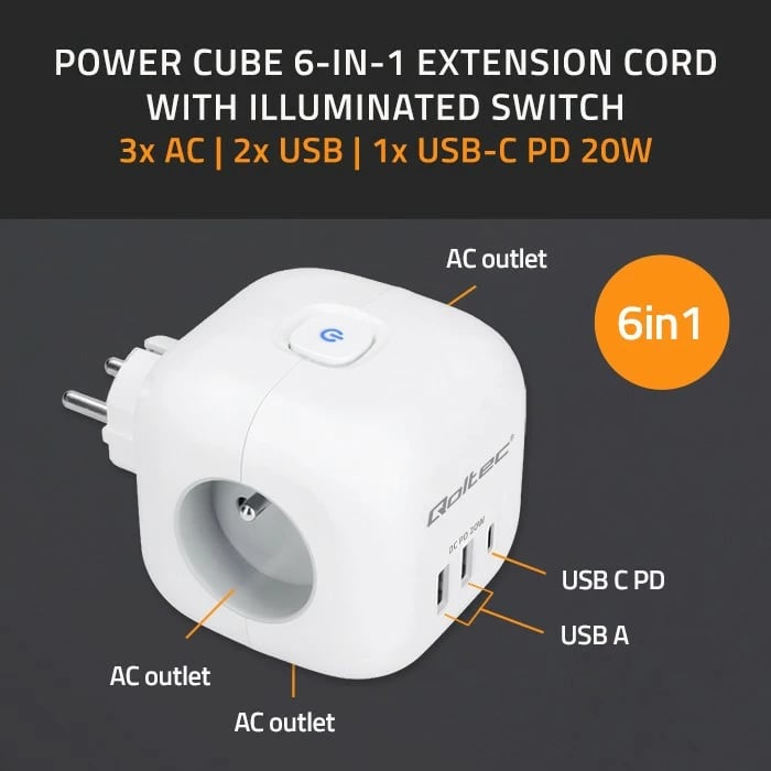 Prizë shumëfunksionale Qoltec 52548, 3x AC, 2x USB, 1x USB-C PD 20W, Bardhë