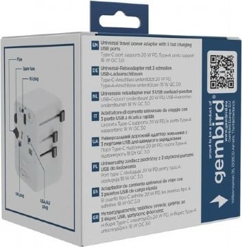 Adapter udhëtimi universal murit, Gembird, TPA-1A2C20-01-W, 20W GaN me 2x USB-C + USB-A dhe prizë AC, me plugje US/UK/EU/AU, i bardhë