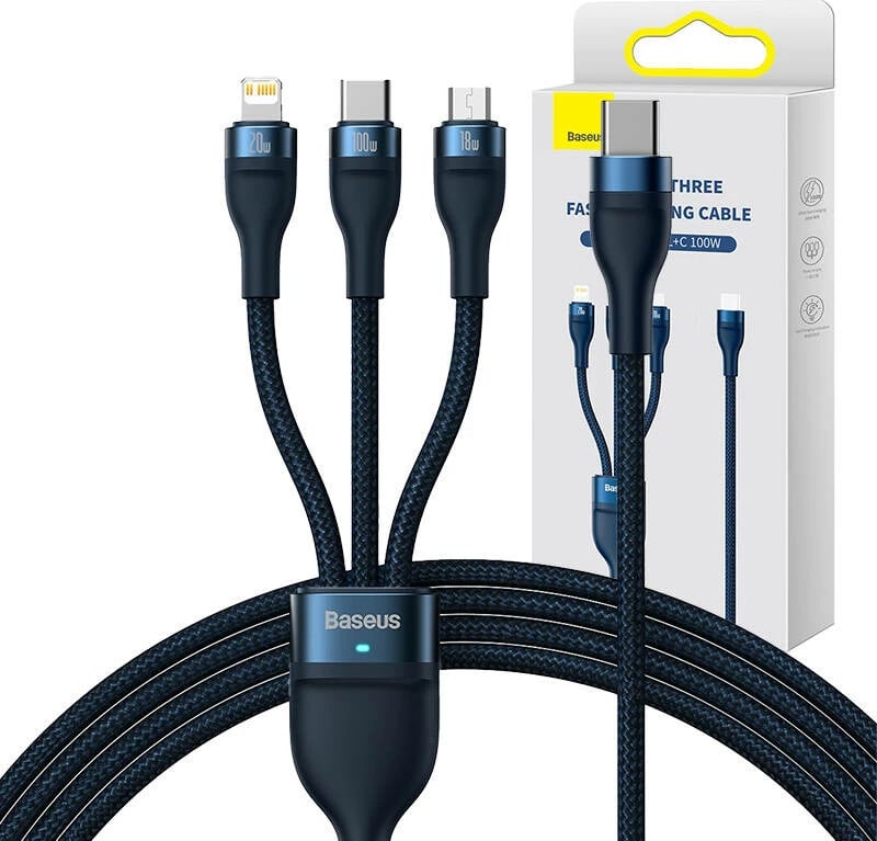 Kabllo 3-në-1 Baseus Flash Series 2, 1.5m, 100W, USB-C + micro USB + Lightning, blu Kabllo 3-në-1 Baseus Flash Series 2, 1.5m, 100W, USB-C + micro USB + Lightning, blu