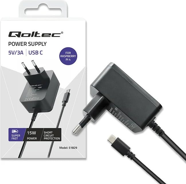 Karikues mur Qoltec 51829 për Raspberry Pi 4, USB-C, 15W, 5V, 3A, Zi